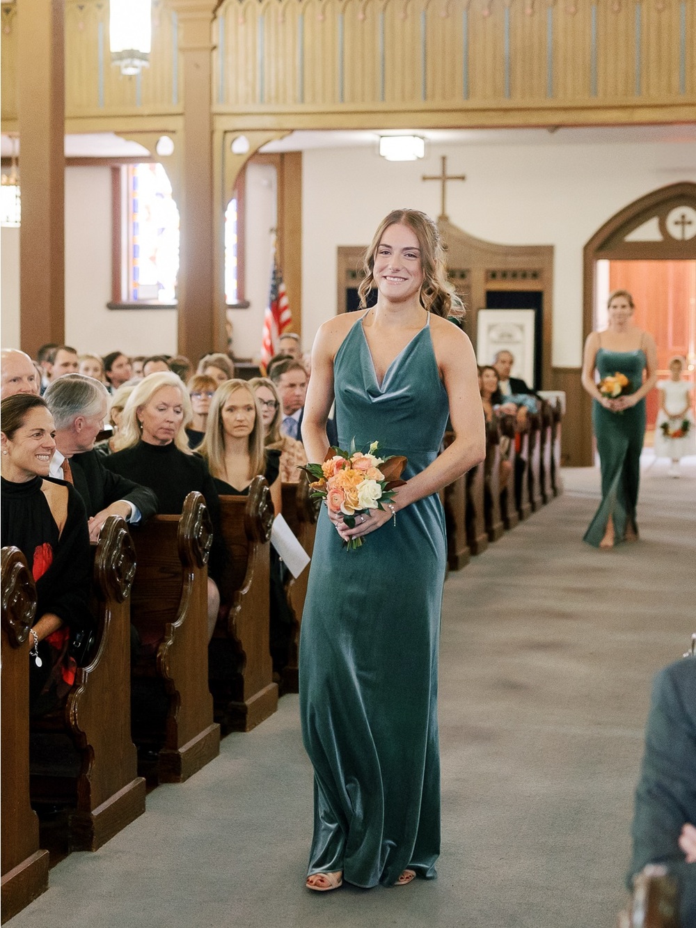 Jenny Yoo Teal Velvet Cowl Neck Bridesmaid Gown